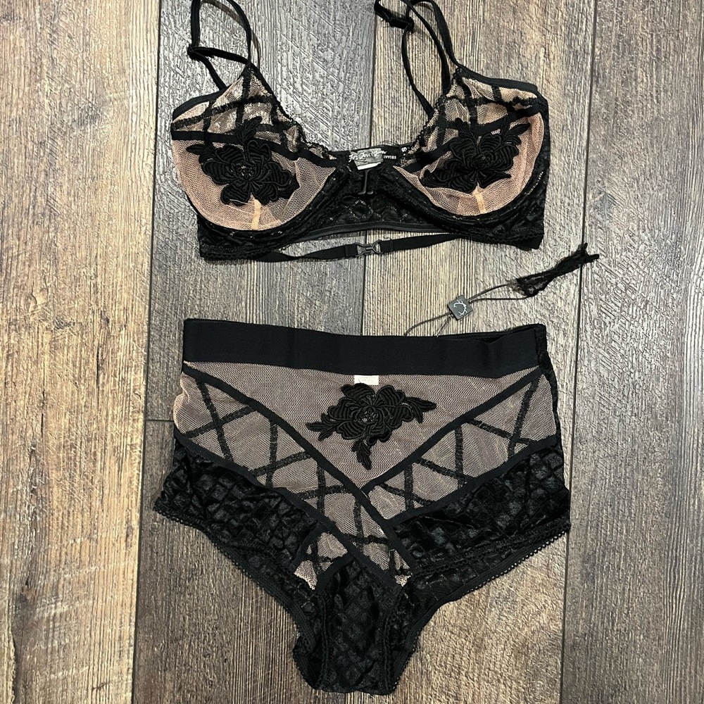 For Love And Lemons Black and Tan Lace Bra Set
